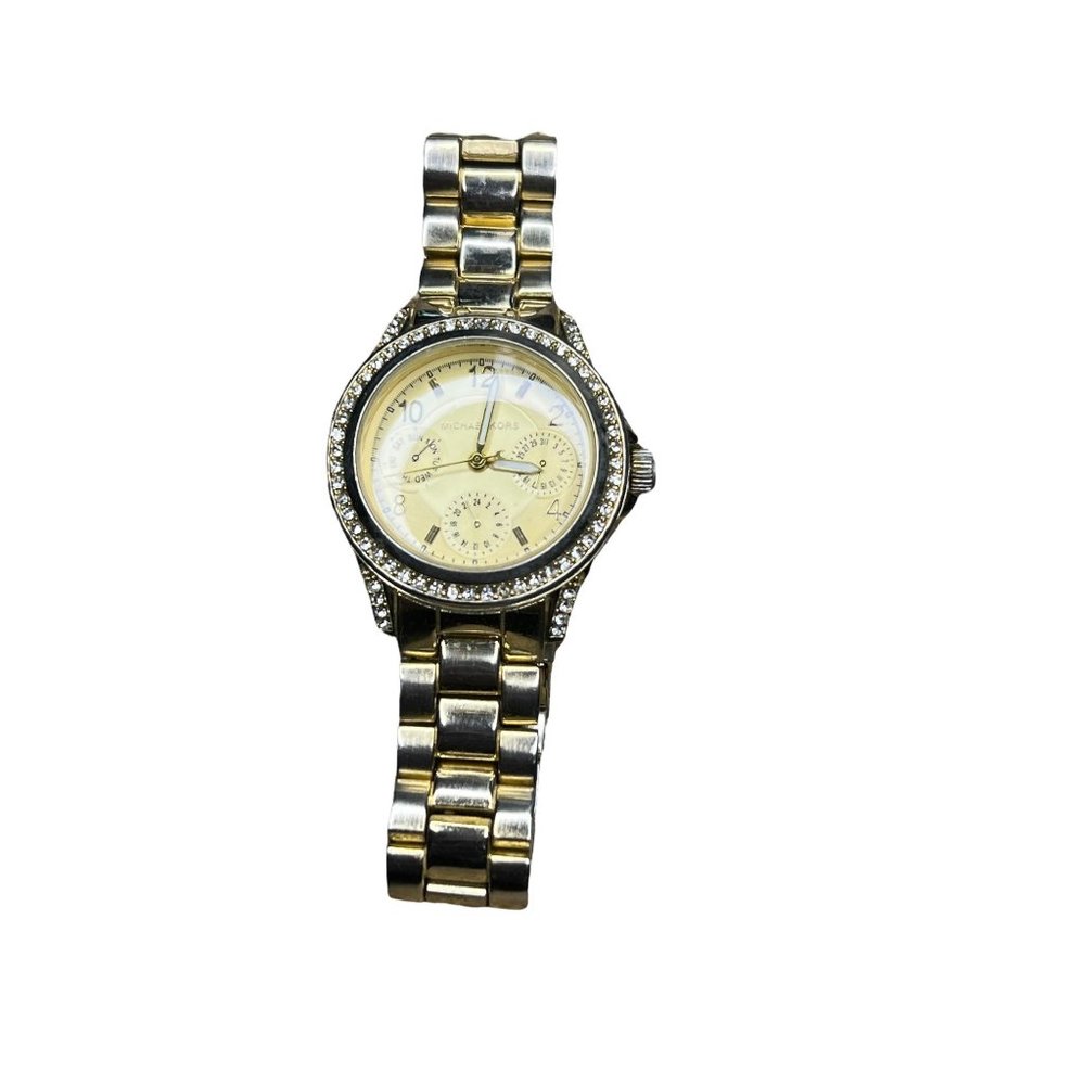 Michael Kors Glitz Gold Watch MK5166 Gold Tone Rhinestones 7" Needs New Battery
